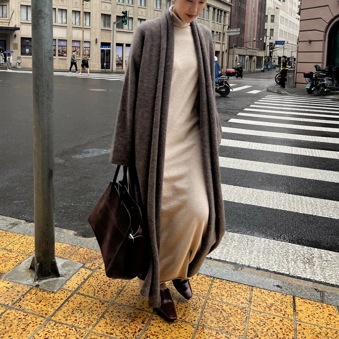 IMLINCONTE【红人上新】纯色长款高领ROW风羊毛长袖连衣裙SS42QZ303