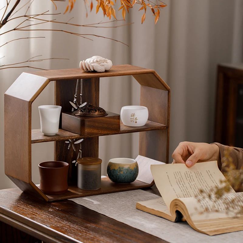 实木杯子收纳盒胡桃木茶具收纳架家用杯架置物架客厅台式储物架