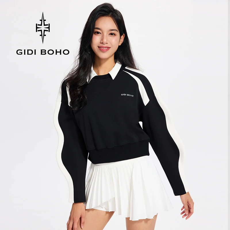 GIDI BOHO/极地薄荷秋冬新款长袖运动休闲拼接圆领撞色套头卫衣女