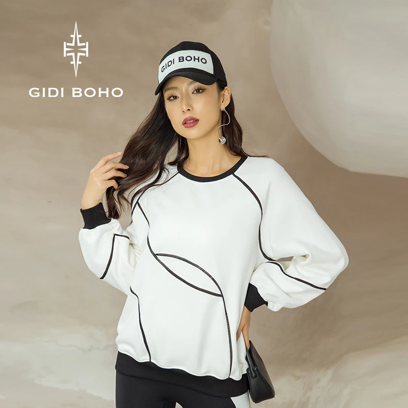 GIDI BOHO/极地薄荷新款秋撞色加绒圆领时尚休闲运动卫衣外套女款