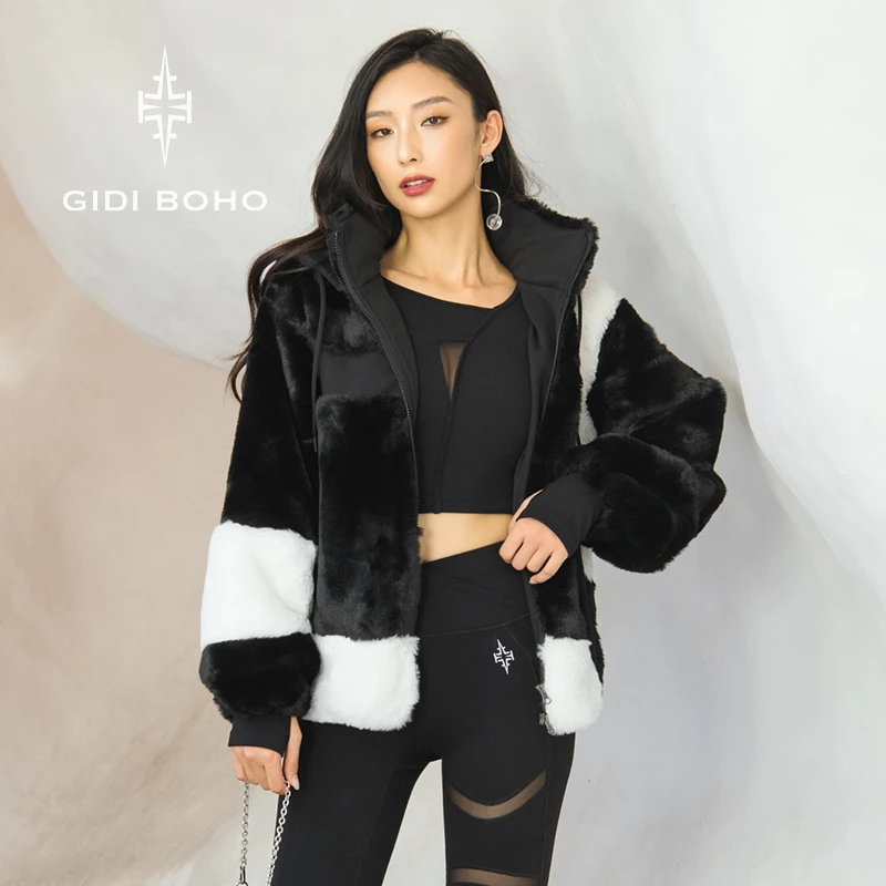 GIDI BOHO/极地薄荷冬新款设计师时尚短款连帽毛绒绒连帽宽松外套