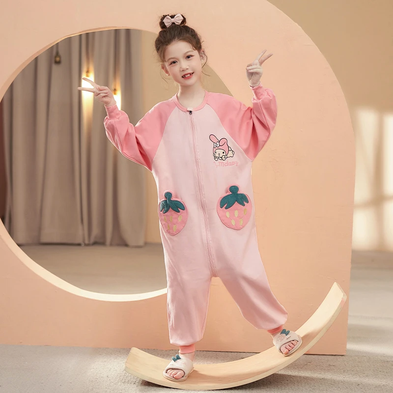 长袖连体睡裙爬衣女大儿童秋冬季卡通圆领按扣纯棉睡衣套装家居服