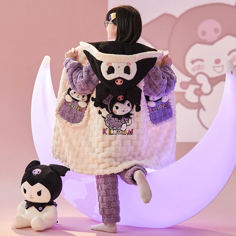儿童法兰绒睡衣女童秋冬季长款套装加厚保暖中大童女孩珊瑚绒睡袍