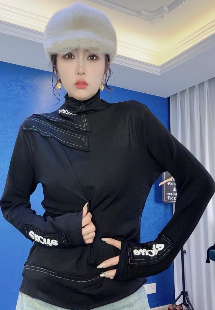 字母设计加厚高领弹力打底衫3338