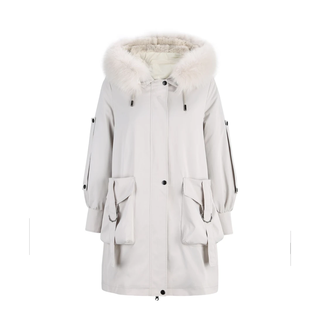 2024新款HULIMAOLING 女款派克服时尚休闲连帽中长款加厚皮草外套