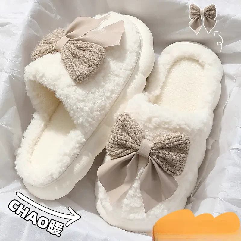 蝴蝶结棉拖鞋女士厚底超软秋冬季2024新款室内居家防滑拖鞋冬天
