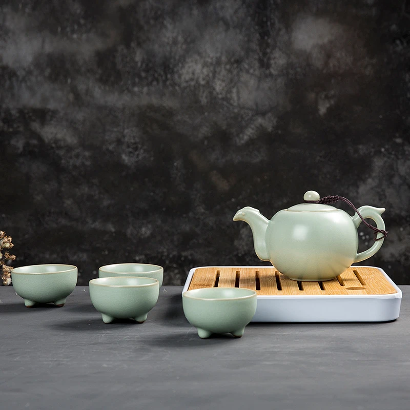 晟翔汝窑旅行茶具套装一壶四杯密胺盘泡茶壶中式陶瓷礼品定制logo