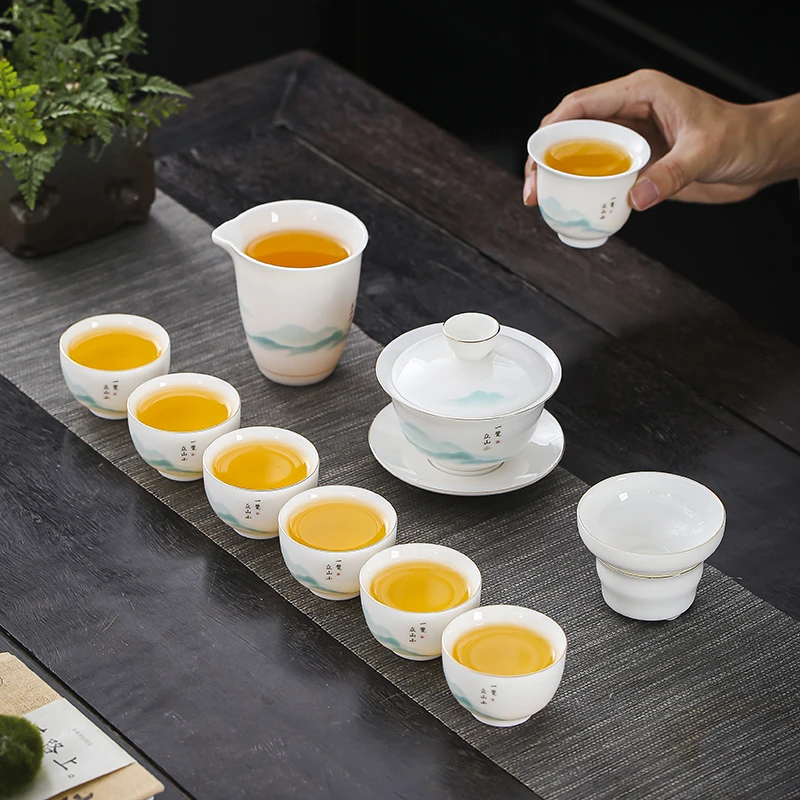 晟翔陶瓷茶具套装高端羊脂玉瓷一览众山盖碗10头加主人杯