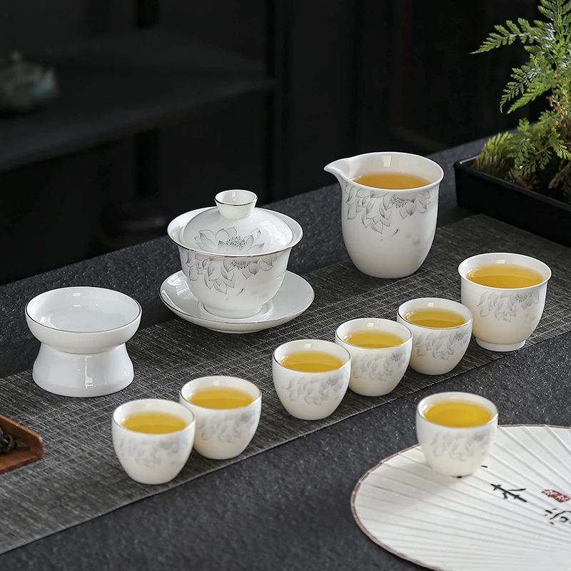 晟翔陶瓷茶具套装高端羊脂玉瓷黑荷花盖碗10头加主人杯