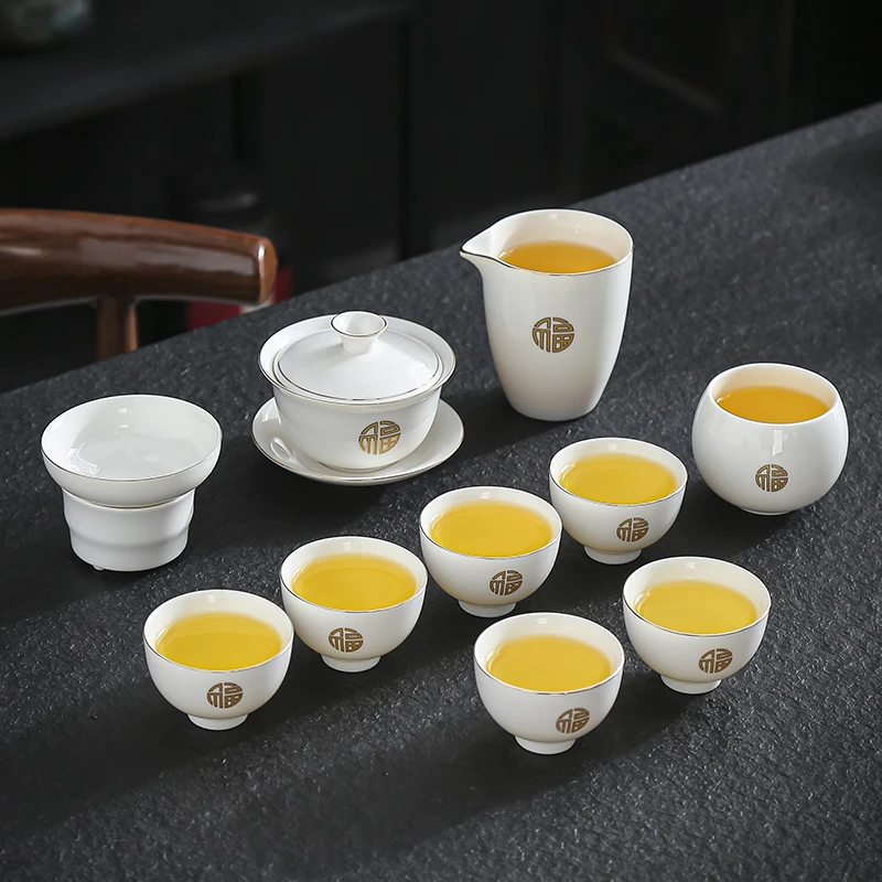 晟翔羊脂玉中国白陶瓷茶具套装茶器套装—福盖碗主人杯11头