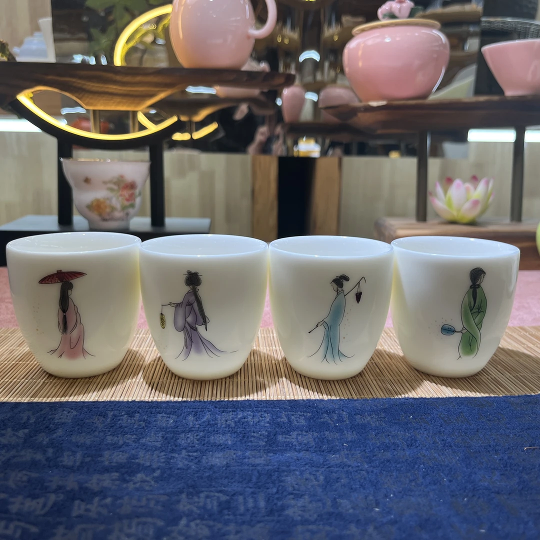 晟翔陶瓷茶具羊脂玉主人杯四大美女