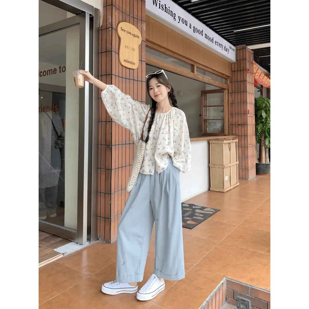 2024年夏季穿搭一整套女大码胖mm小香风碎花衬衫蓝色阔腿裤两件套