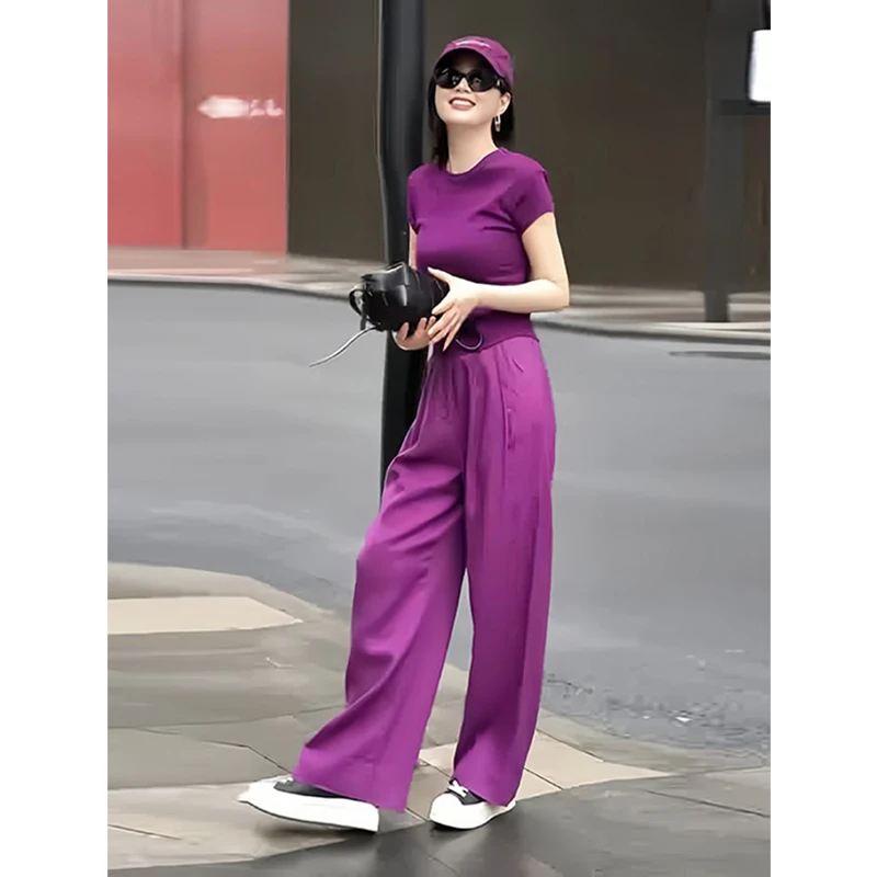 2025夏季新款短袖纯棉T恤女时尚洋气高级感上衣直筒裤紫色套装
