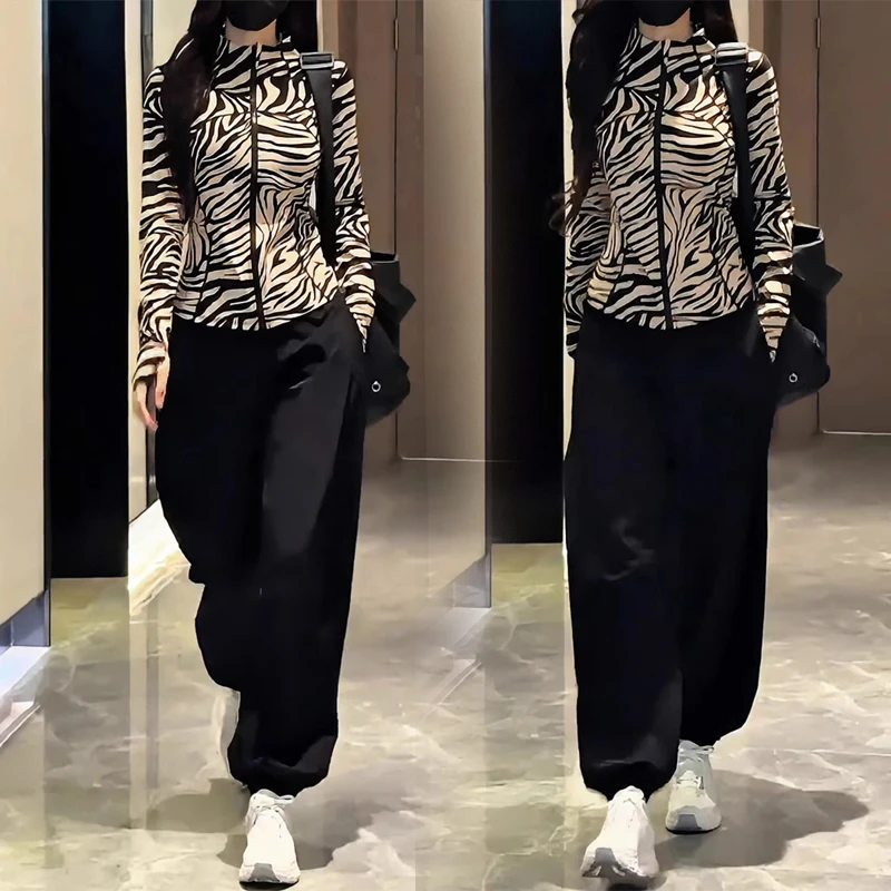 秋季时尚洋气运动套装女斑马纹显瘦拉链印花外套高腰休闲裤两件套