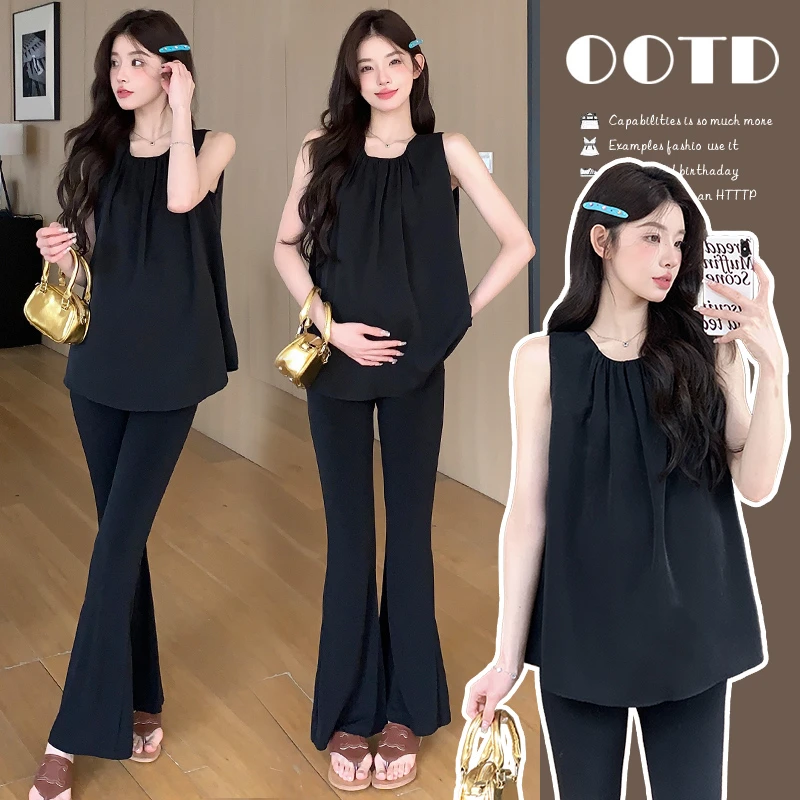 孕妇2024夏装韩版时尚款显瘦时尚圆领外出背心上衣+莫代尔喇叭裤