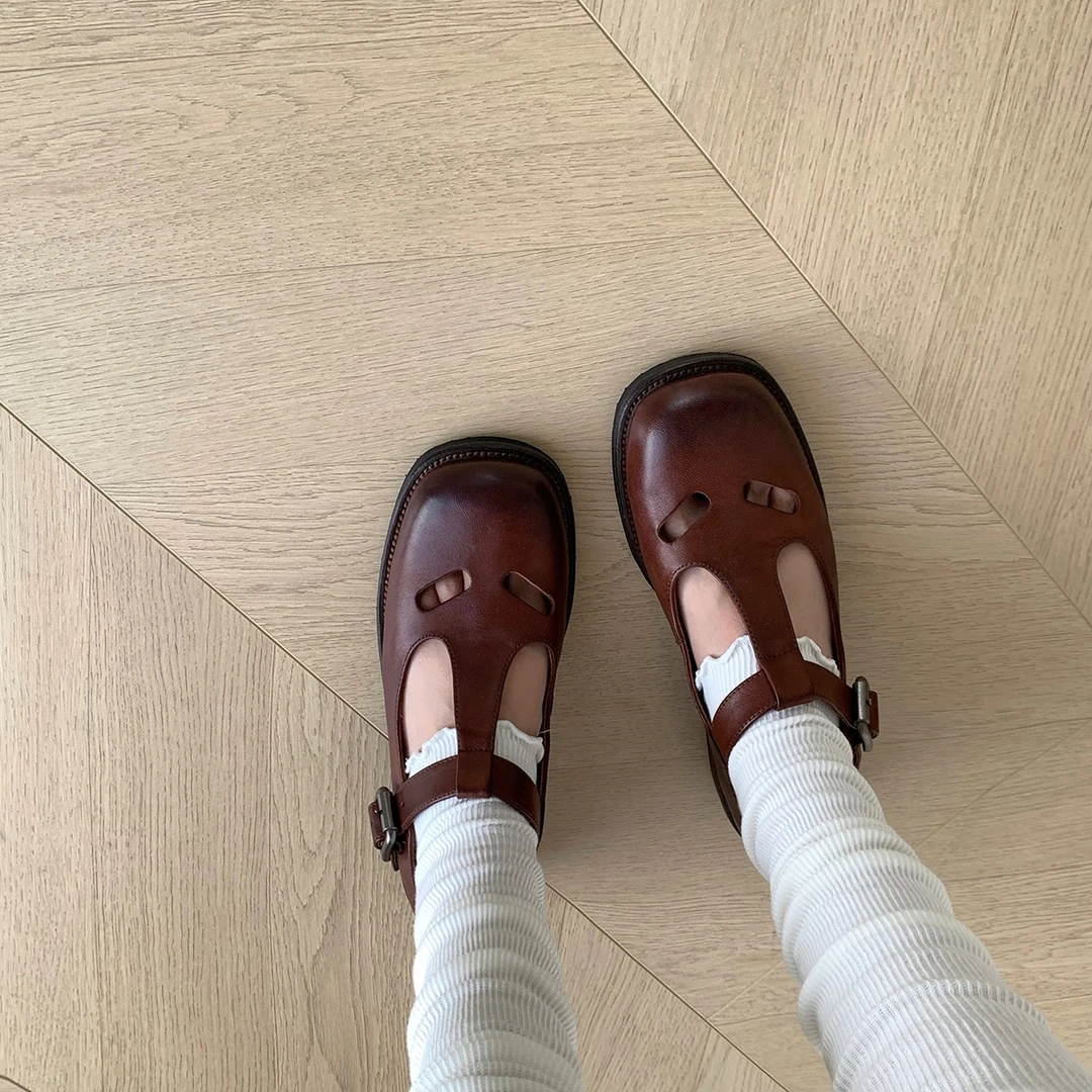 【水洗马皮】法式玛丽珍女鞋厚底小皮鞋方头粗跟丁字扣英伦风单鞋