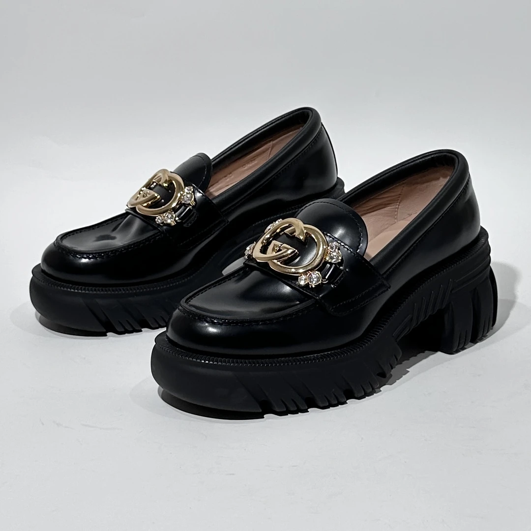 95新 GUCCI/古驰 35码 黑色厚底乐福鞋/ML80137