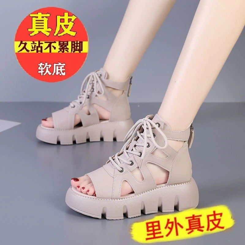 品牌断码真皮凉鞋女2024新款镂空凉靴女厚底复古罗马鞋百搭松糕鞋