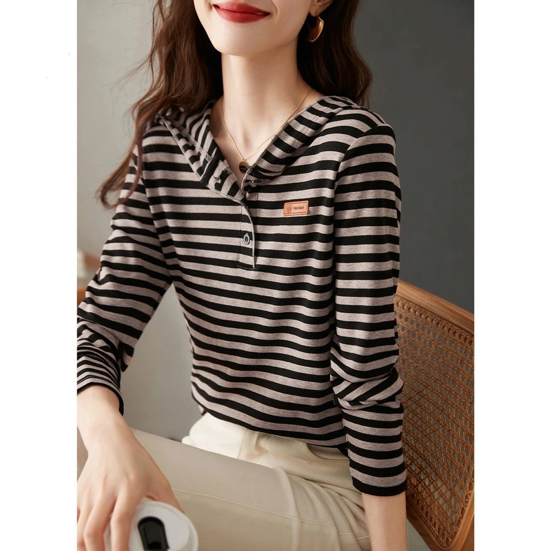 浪莎卫衣女春秋新款条纹T恤时尚洋气休闲百搭宽松减龄上衣