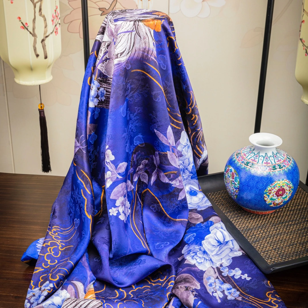 帝妃丝绸【凤歌鸾舞】140×140高定蓝色22姆米花罗纹织花桑蚕丝丝巾