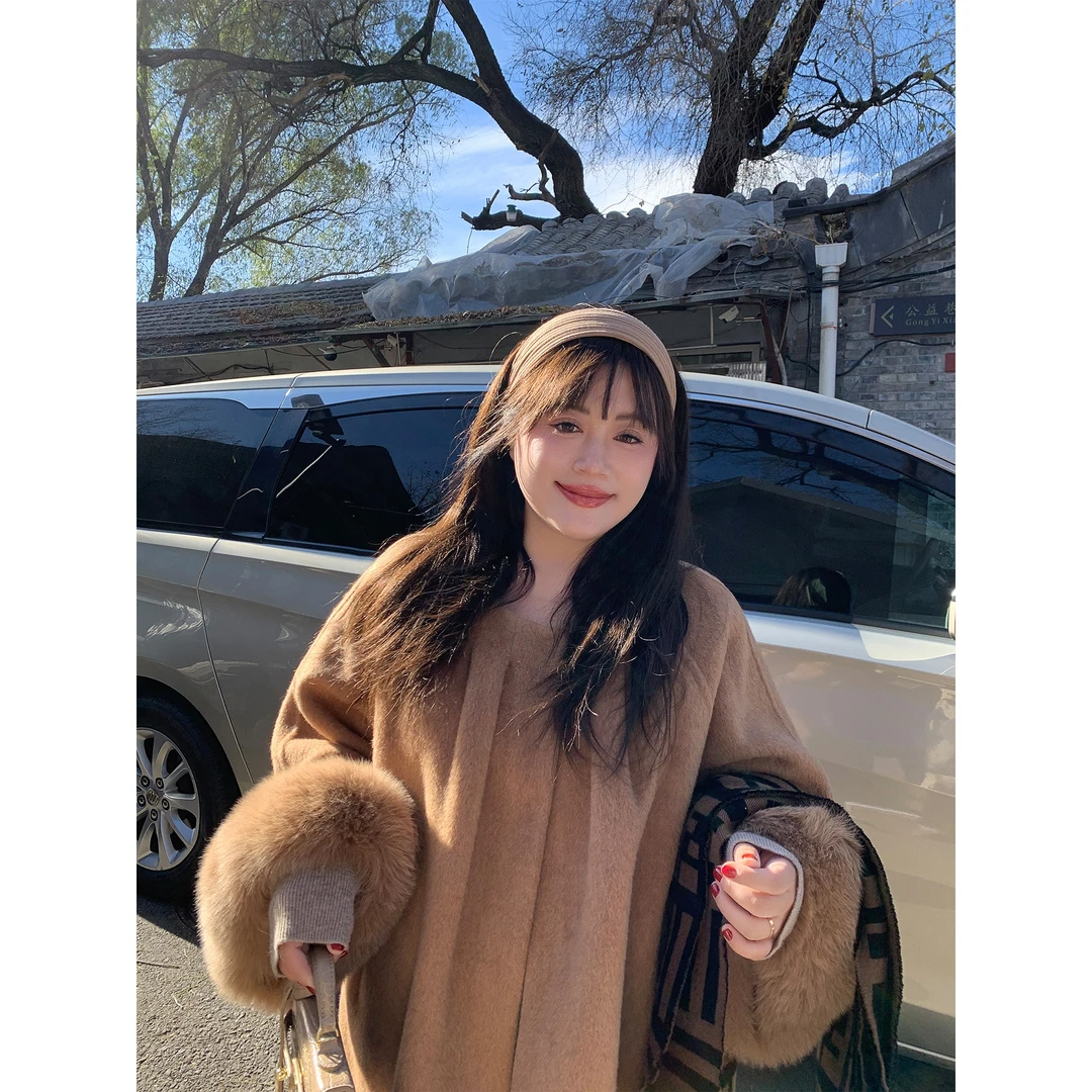 【肉肉定制】大码女装2024冬季新品羊毛双面呢大衣狐狸毛袖口外套