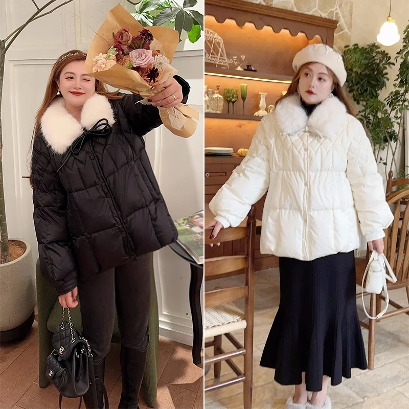 【肉肉定制】【雪顶泡芙】大码女装冬菱格90白鸭绒羽绒服外套减龄短款