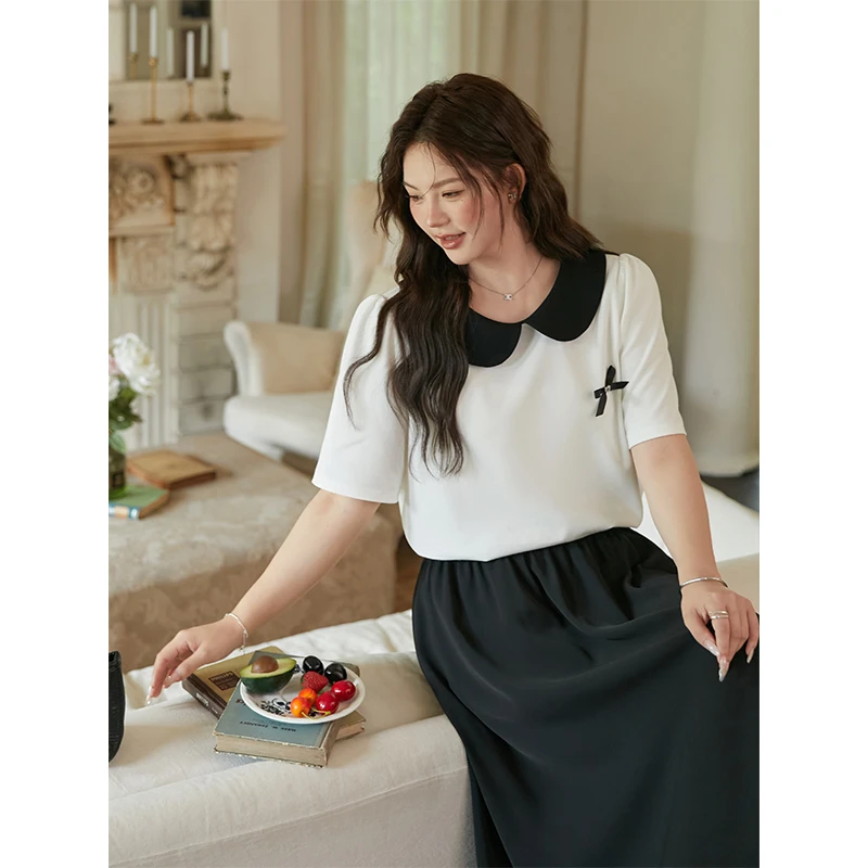 【肉肉小姐】【轻氧系】大码女装夏季蝴蝶结短袖T恤娃娃领上衣衬衫