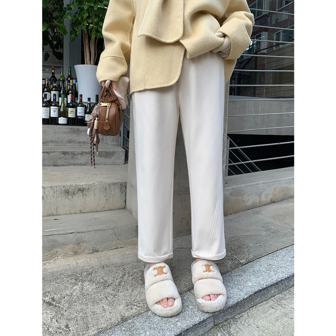 【肉肉定制】大码女装2024冬季翻边高腰直筒仿毛呢烟管休闲裤