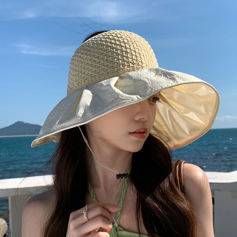 防晒帽子女夏季新款防紫外线空顶遮阳帽日系大檐扎马尾遮脸太阳帽