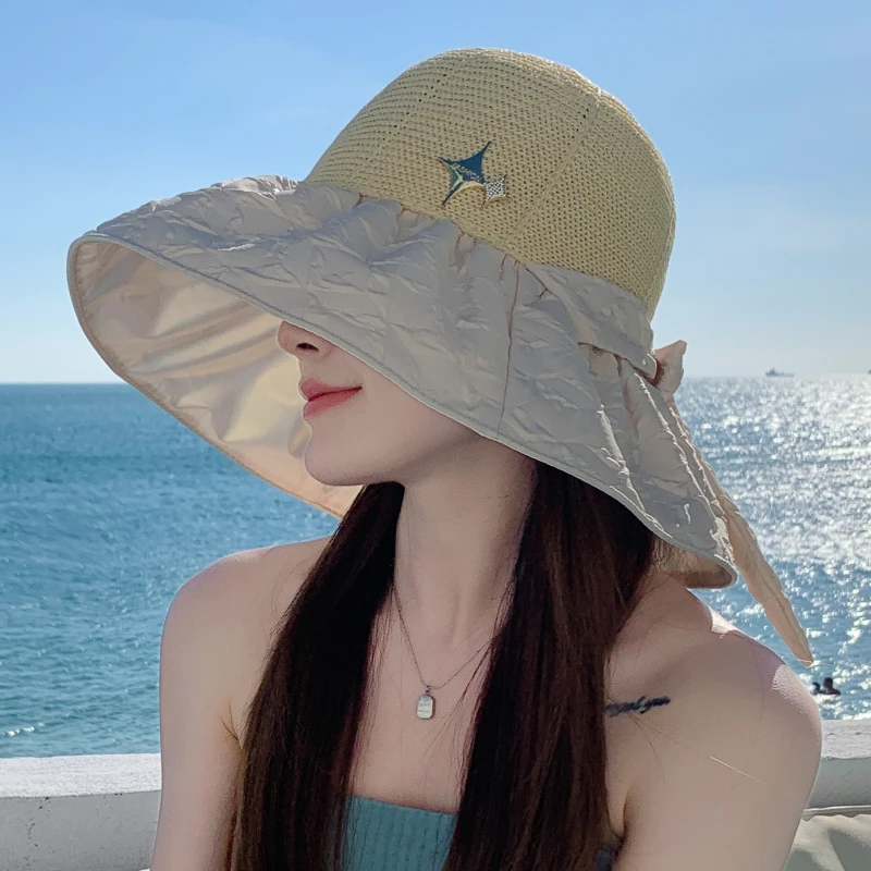 遮阳帽女夏季彩胶蝴蝶结镂空草帽防紫外线大檐遮脸防晒太阳渔夫帽