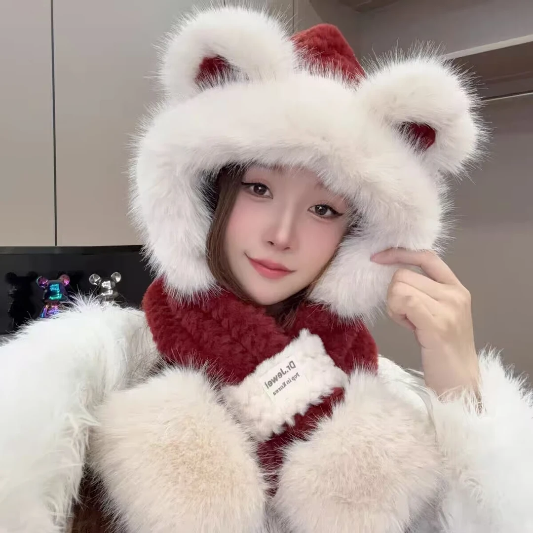 可爱小熊耳朵毛绒帽女秋冬加绒加厚围脖一体帽学生保暖骑车雷锋帽