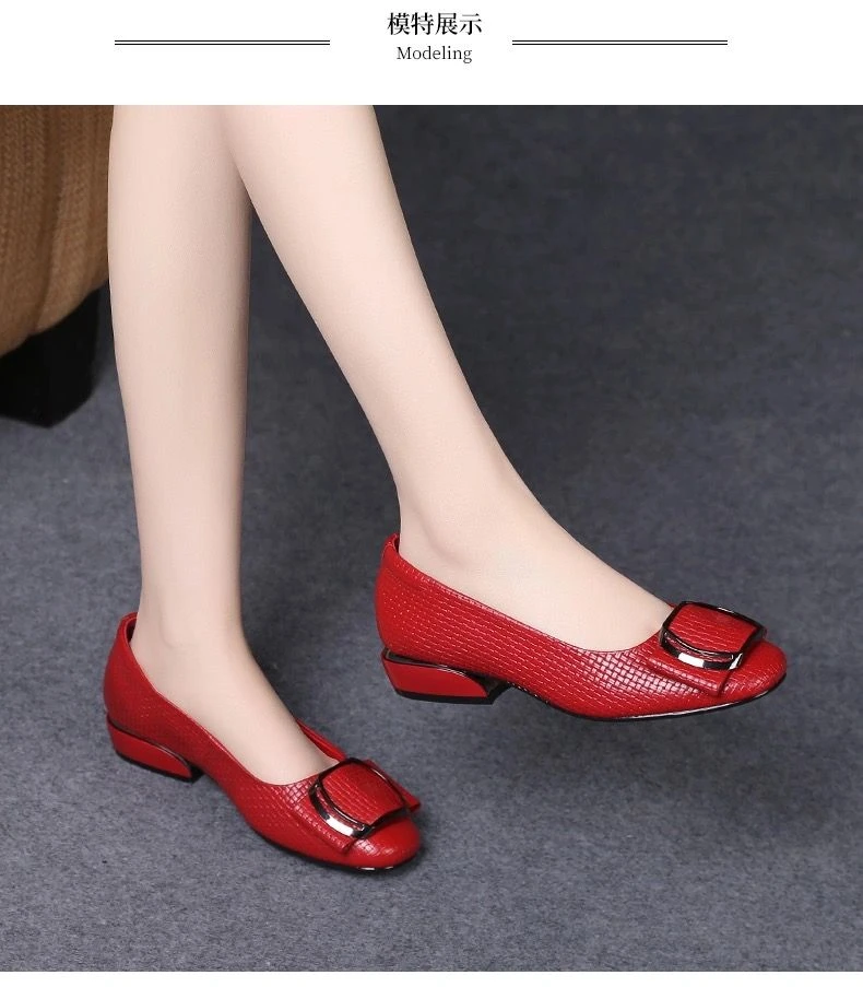 真软皮单鞋女2024春秋新款防滑软底舒适粗跟皮鞋女时尚圆头妈妈鞋