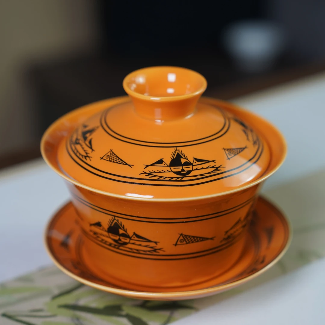 人面鱼纹彩陶文创大盖碗送礼收藏品茗必备口径11.8cm容量300ml