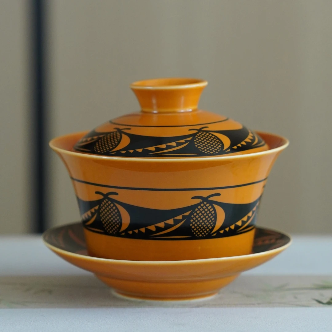 石岭下变体鲵鱼纹彩陶手工文创盖碗送礼必备口径：11.8cm高：11cm
