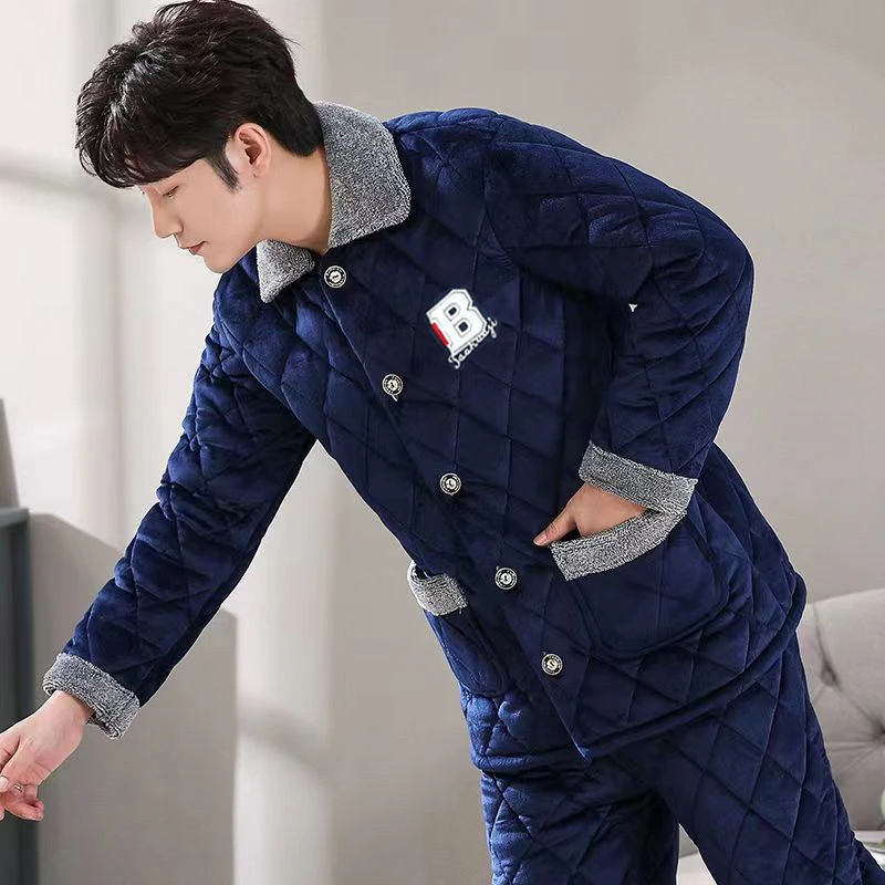 冬季男士睡衣三层夹棉法兰绒加厚珊瑚绒加绒秋冬天特厚家居服套装