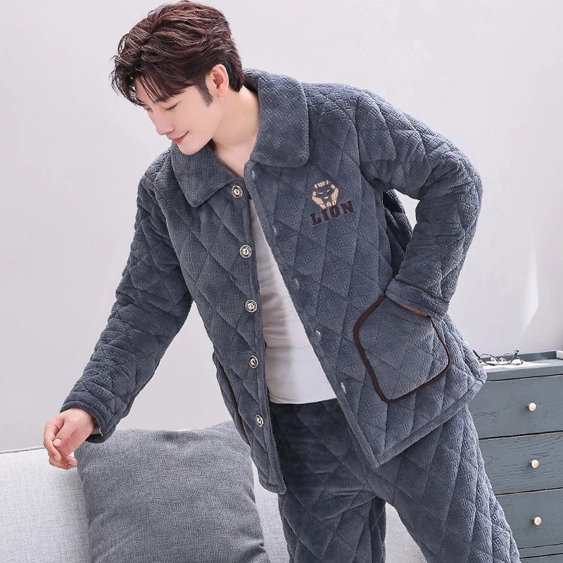 男士睡衣冬季加厚加绒三层夹棉法兰绒牛奶绒秋冬款保暖家居服套装