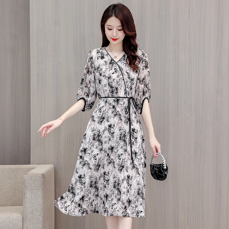 【运费补贴】9561水墨蝴蝶女装宽松连衣裙碎花气质夏季中长款裙子