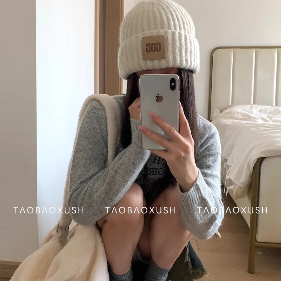 24新款毛线帽子女冬韩版百搭贴布保暖加厚护耳学生针织冷帽显脸小