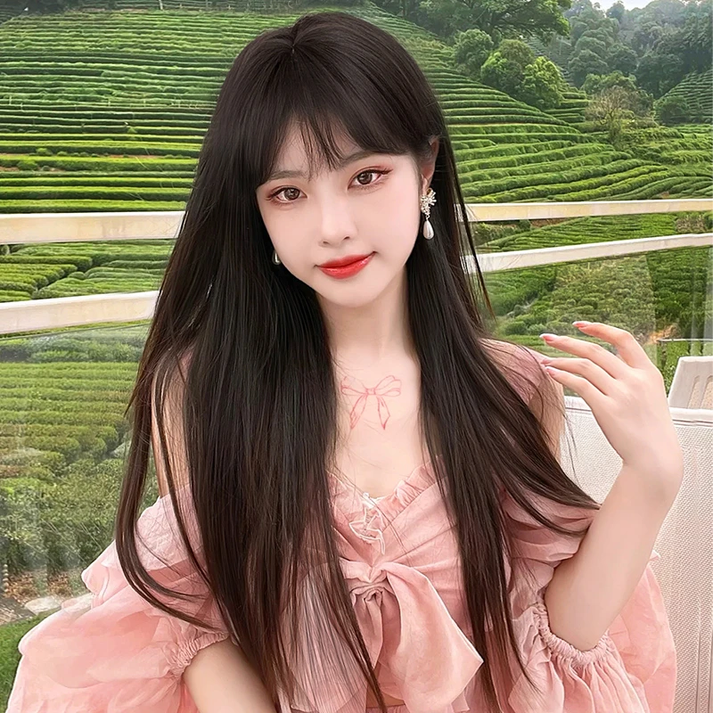 【长直发】黑茶色假发女款空气刘海时尚透气全头套整顶假发气质