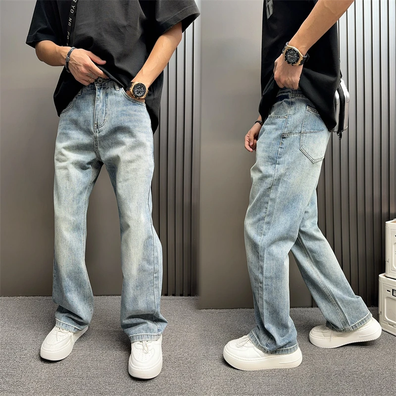 复古蓝牛仔裤男春夏弯刀微喇裤高街直筒美式百搭款式裤子男水洗裤
