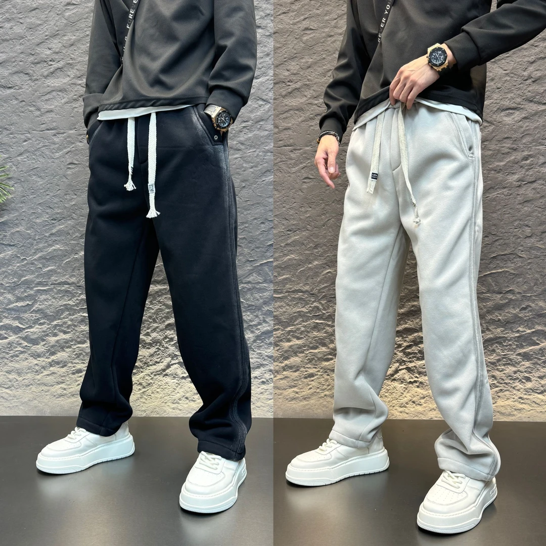 男士冬季加绒休闲裤抽绳百搭加厚直筒裤纯色潮流阔腿裤简约拖地裤