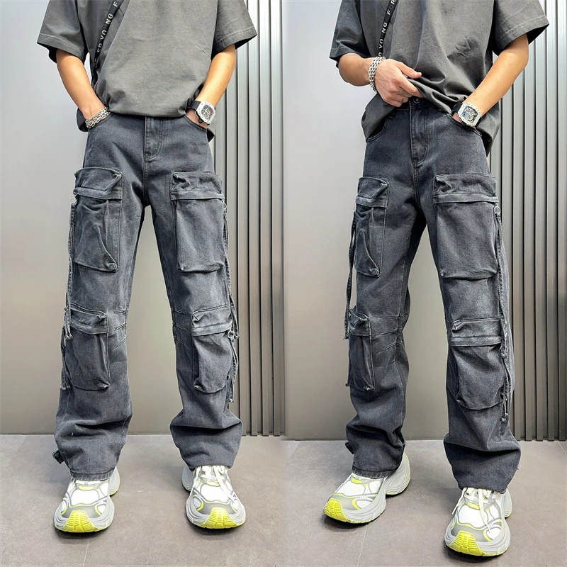 加绒阔腿裤直筒工装裤宽松休闲男士牛仔男裤感裤子爆款秋冬裤美式