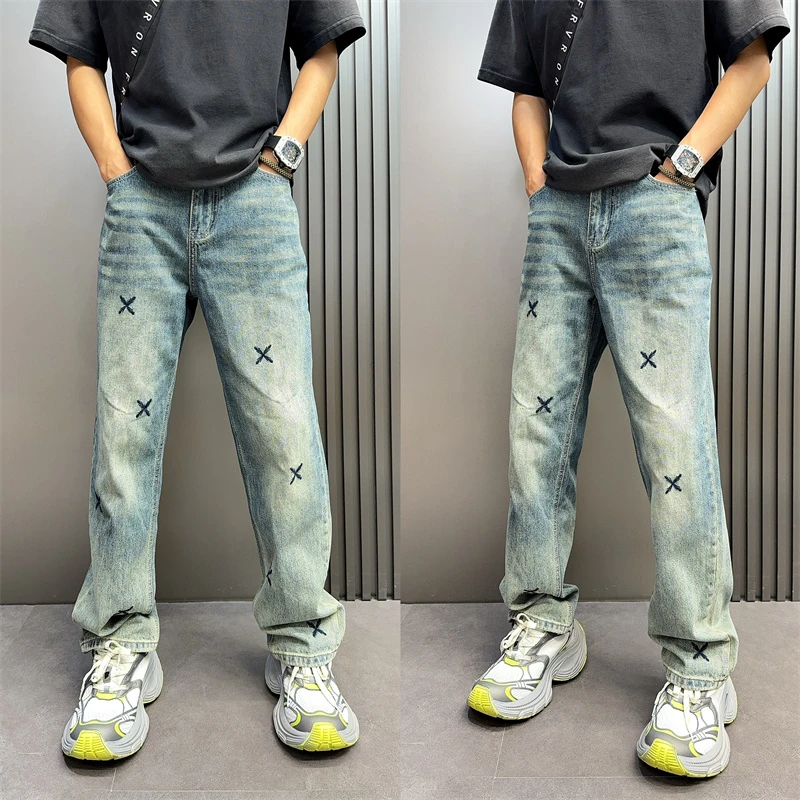 美式高街刺绣牛仔裤新款男士时尚宽松男款美式高街宽松阔腿牛仔裤