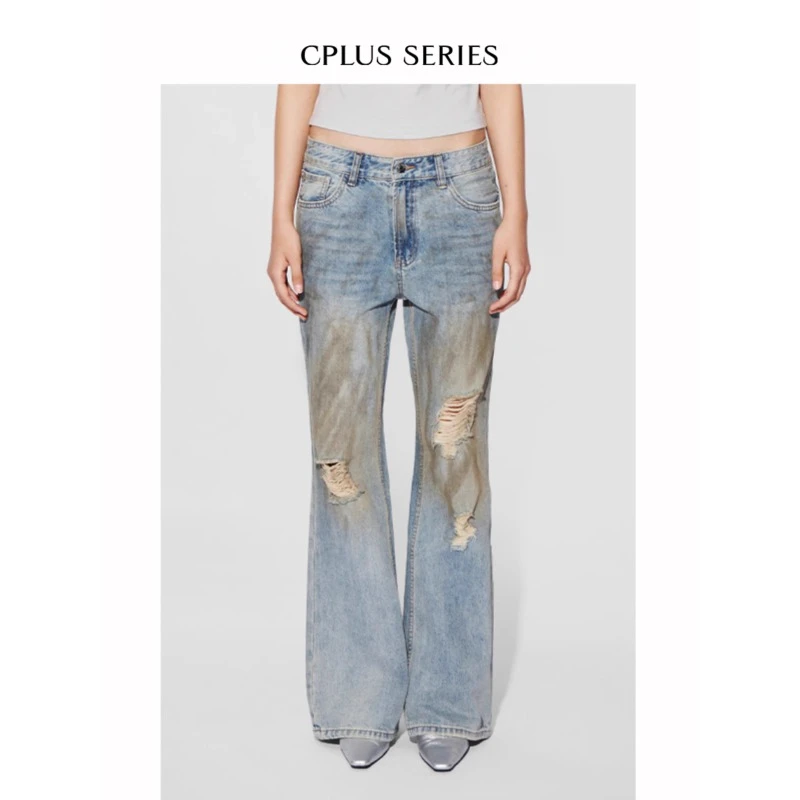 【CPLUS SERIES】水洗做旧破洞直筒牛仔裤