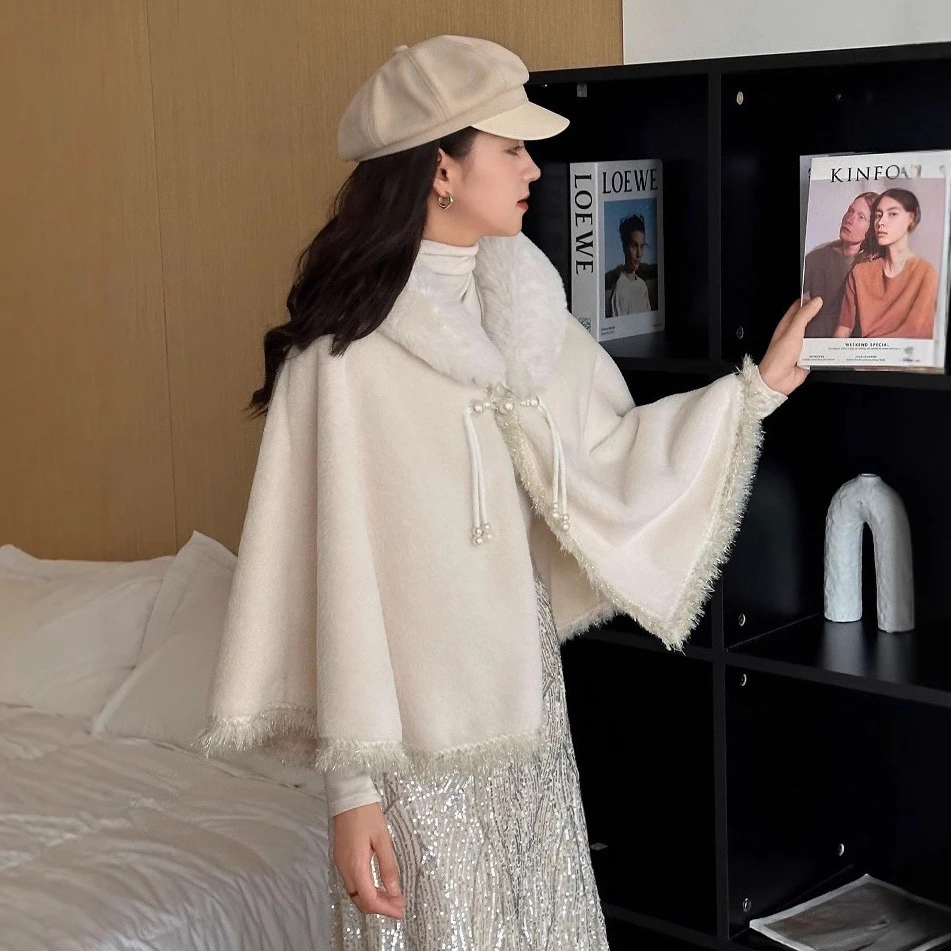 秋冬新款大毛领加绒流苏披肩毛绒保暖斗篷女士国风旗袍外搭