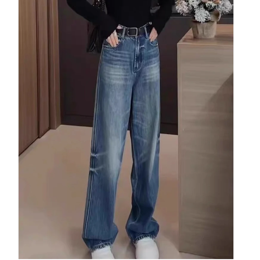 901大码宽松直筒牛仔裤女2024春秋款新款显瘦高腰垂感阔腿拖地裤