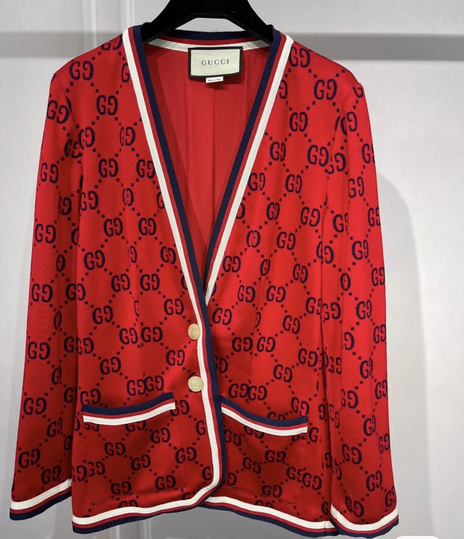古驰红色满印双扣西服/L/肩40/胸96/长65/B00390
