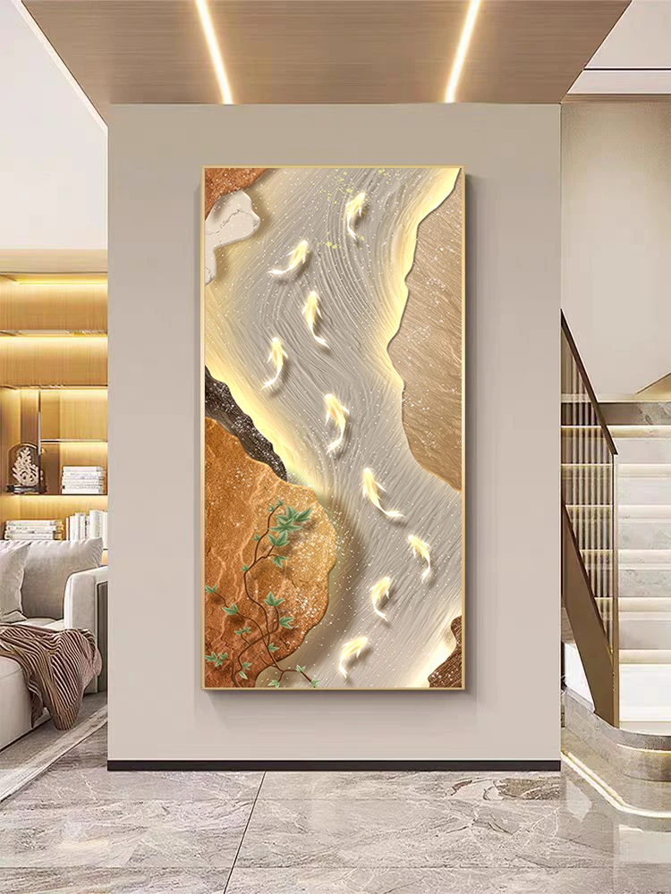 轻奢风九鱼图玄关装饰画现代高档入户正对门壁画竖版走廊过道挂画