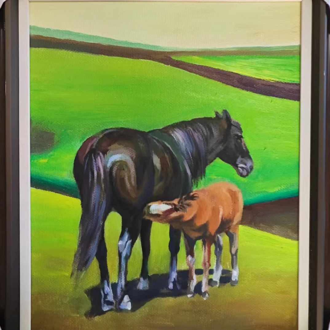 手工绘制油画《蒙古马母爱》