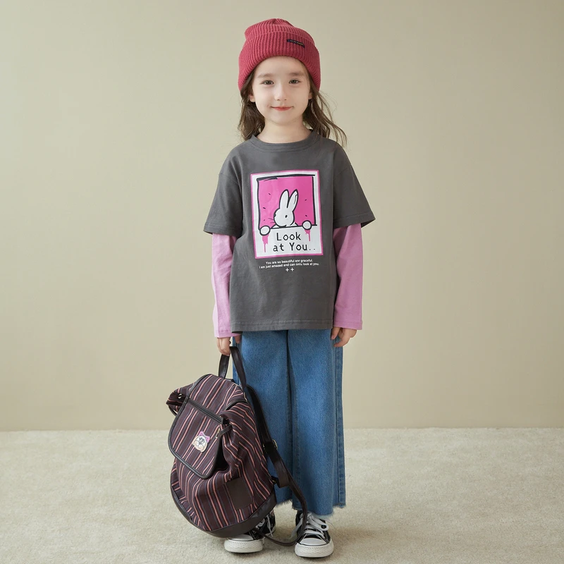 女童T恤2025秋季新款儿童休闲卡通假两件上衣潮宝宝百搭撞色衣服